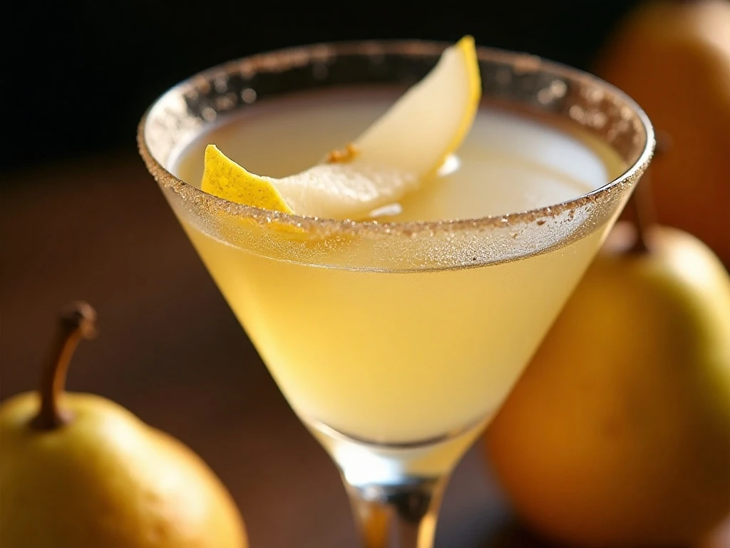 Pear slice and lemon twist prepared for a pear martini garnish