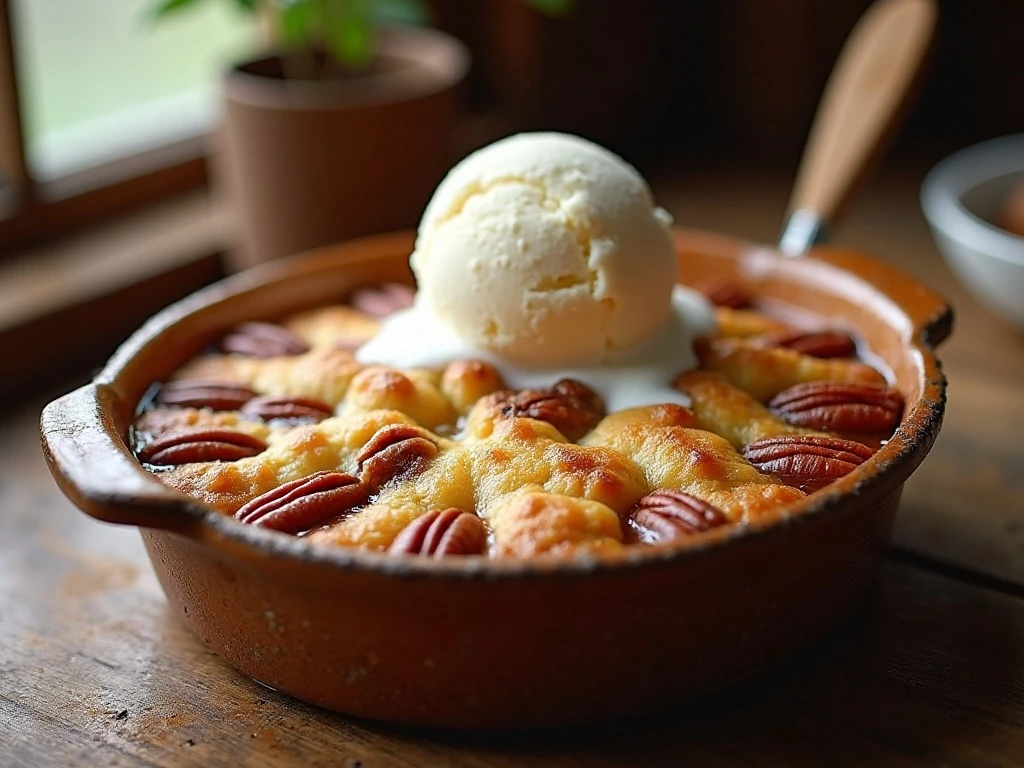 Warm old-fashioned pecan cobbler served with vanilla ice cream