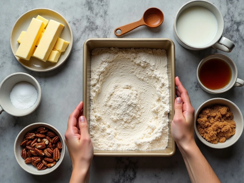 Ingredients for old-fashioned pecan cobbler arranged for baking