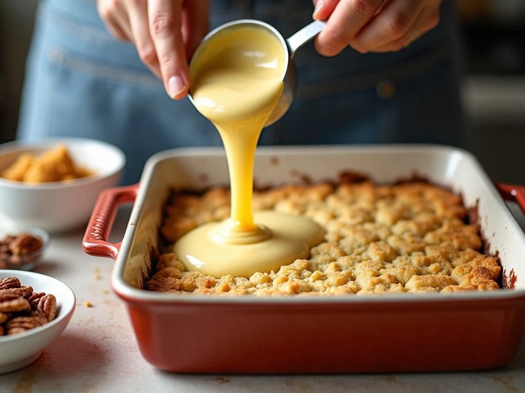 Pouring pecan cobbler batter over melted butter in a baking dish