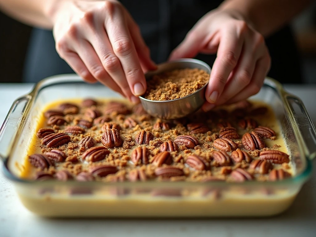 Pecans and brown sugar layered over cobbler batter