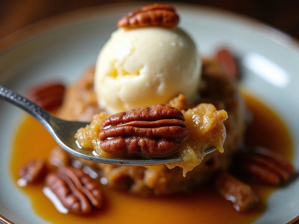 Syrupy pecan cobbler topped with melting vanilla ice cream