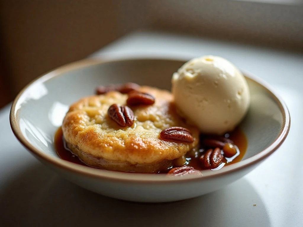 Reheated pecan cobbler portion ready to serve