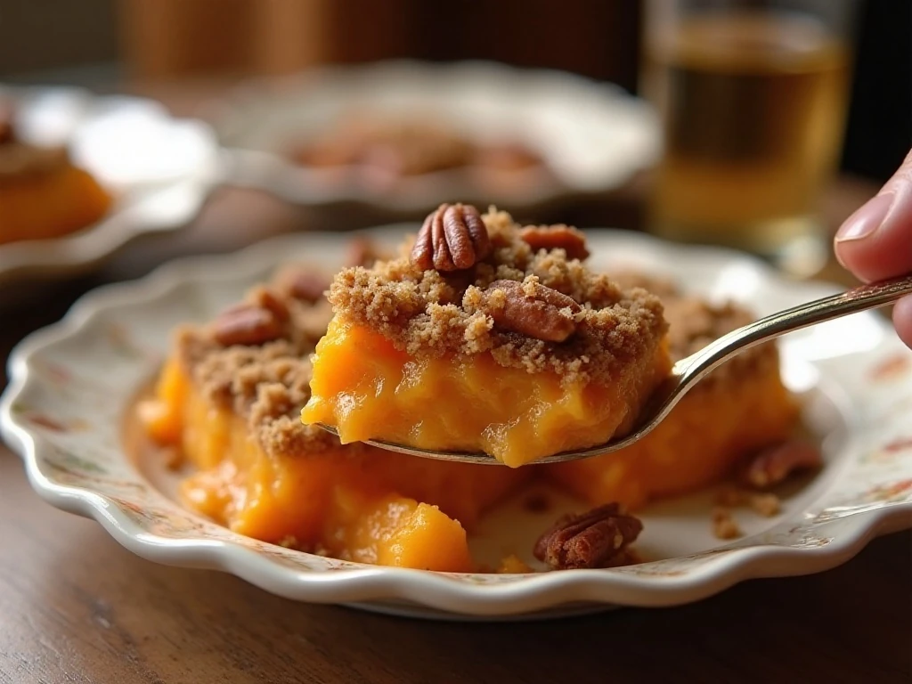 Golden pecan crumb sweet potato casserole served for a holiday meal