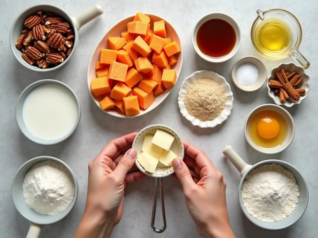 Ingredients for easy pecan crumb sweet potatoes