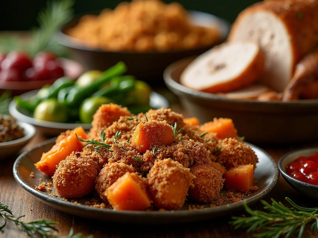 Pecan crumb sweet potatoes served with holiday dinner sides