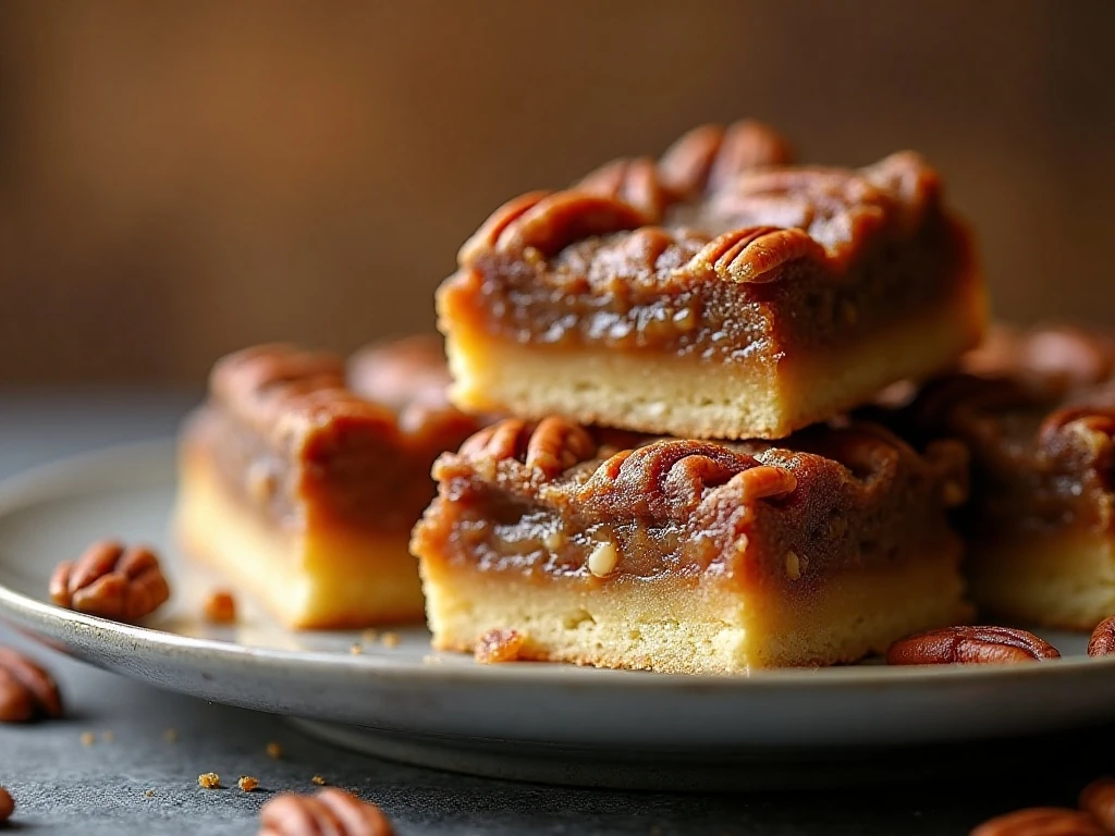 A platter of homemade pecan pie bars with buttery shortbread crust