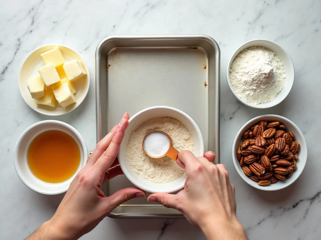 Measured ingredients for easy pecan pie bars