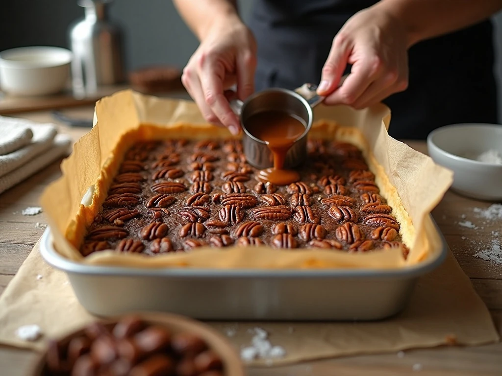 Shortbread crust and pecan filling prepared for baking