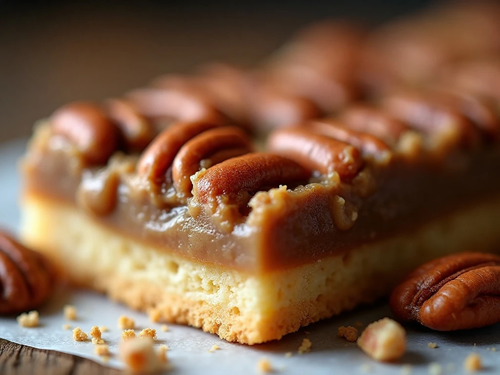 Close-up of the pecan filling and buttery shortbread crust