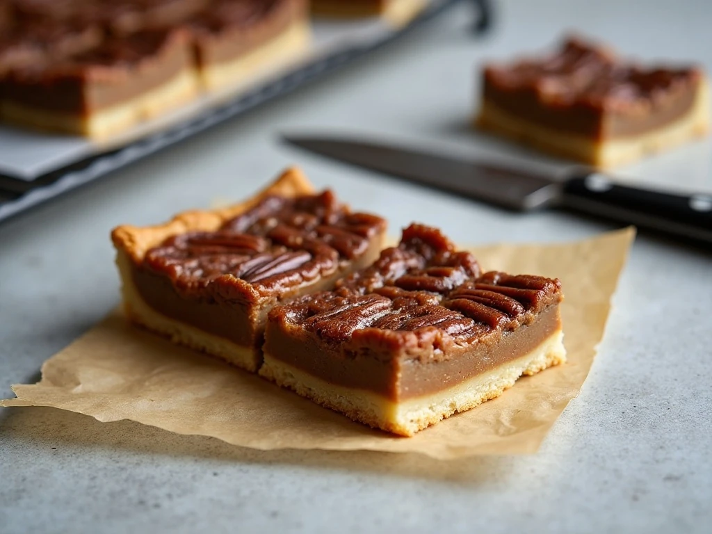 Freshly cut pecan pie bars cooling before serving