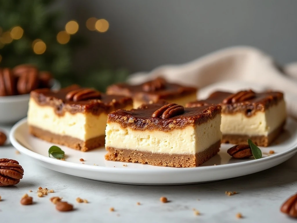 Pecan pie cheesecake bars arranged on a serving platter