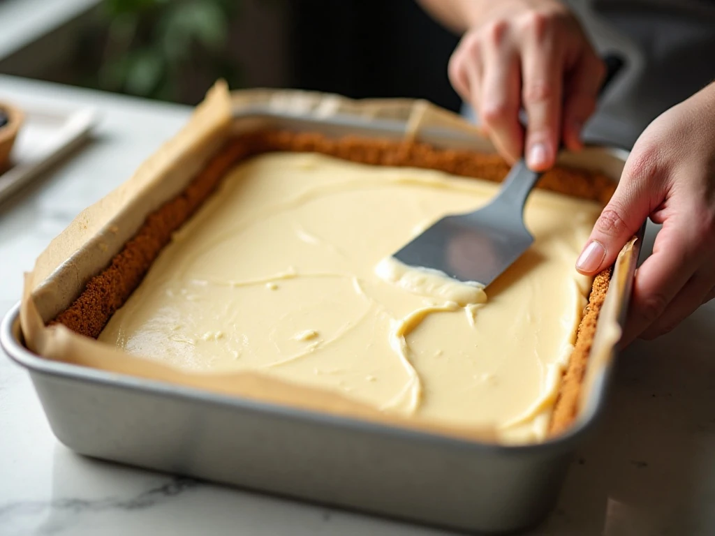 Spreading cheesecake filling over a graham-cracker crust