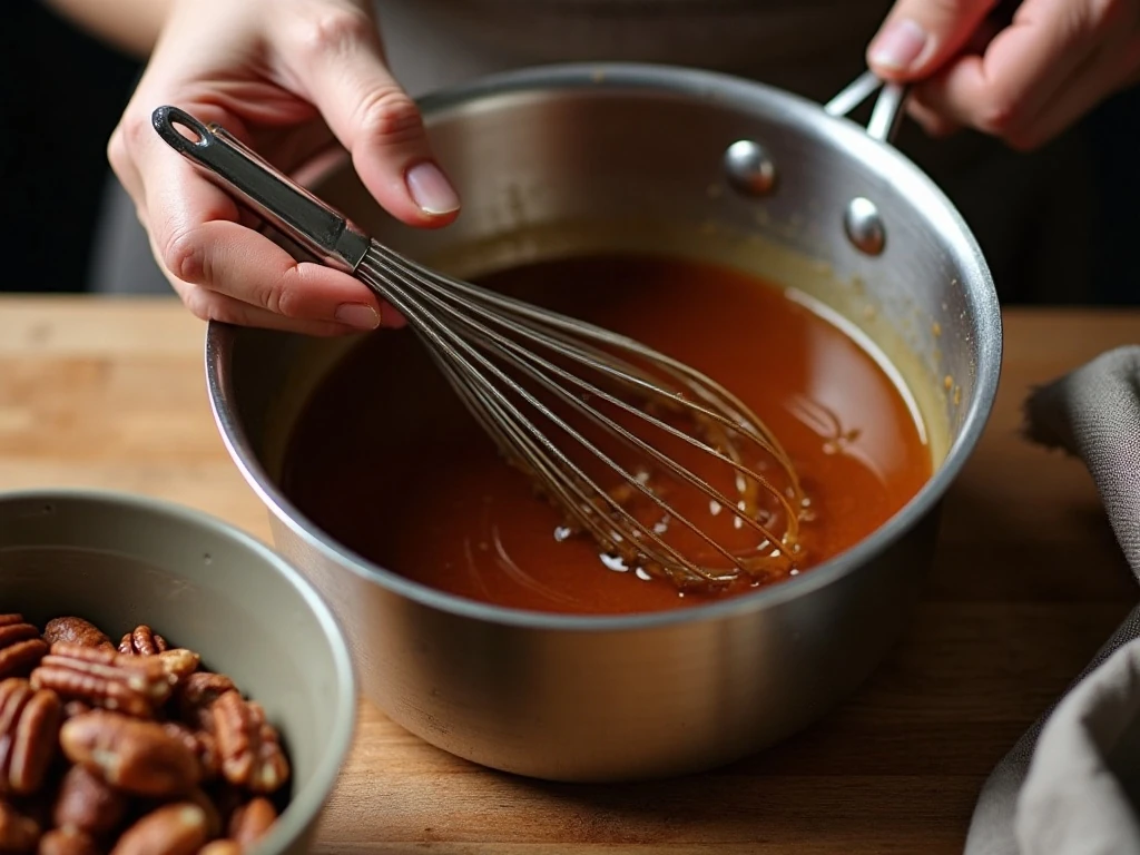 Preparing the glossy pecan topping for cheesecake bars