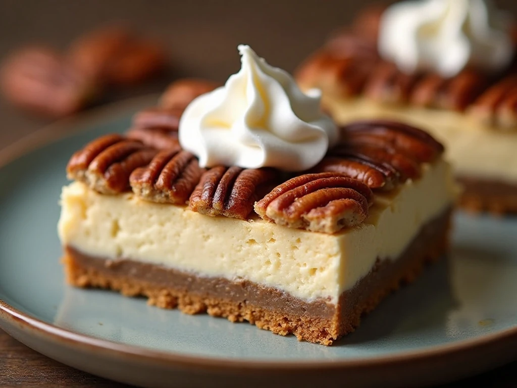 Close-up of a pecan pie cheesecake bar with whipped cream
