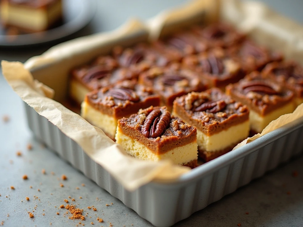 Chilled pecan pie cheesecake bars ready to serve
