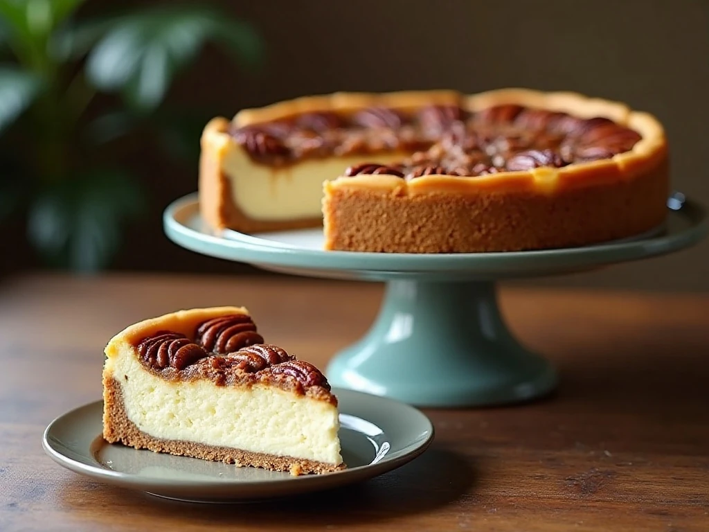 Decadent pecan pie cheesecake displayed on a cake stand