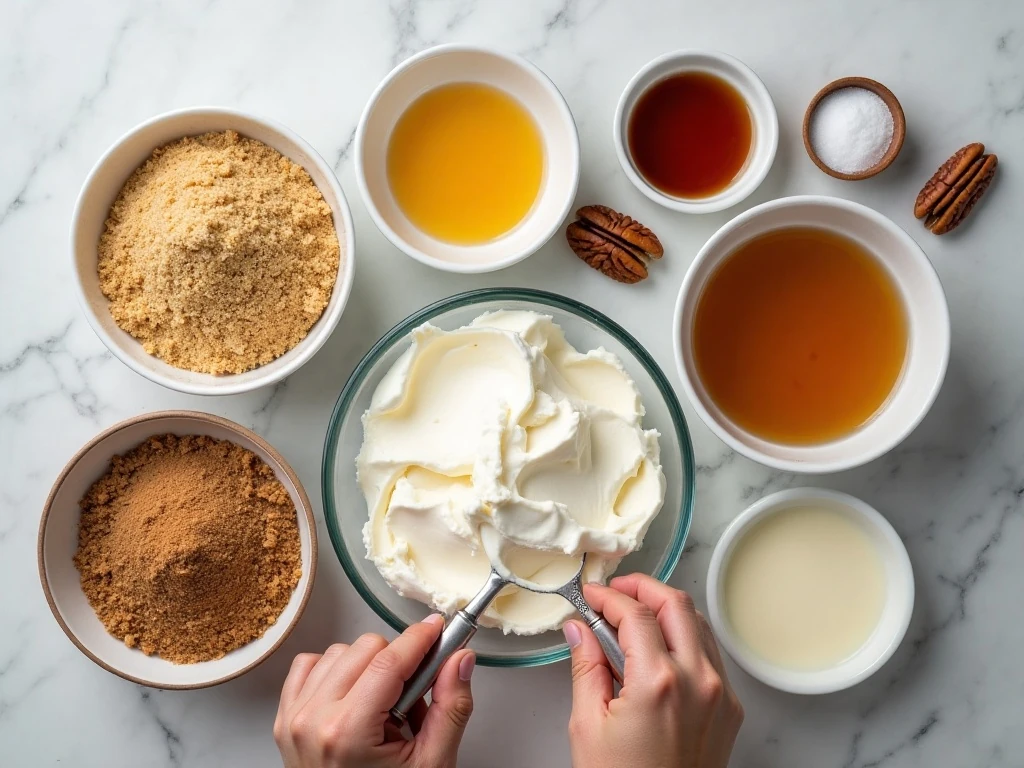 Ingredients for pecan pie cheesecake arranged for baking