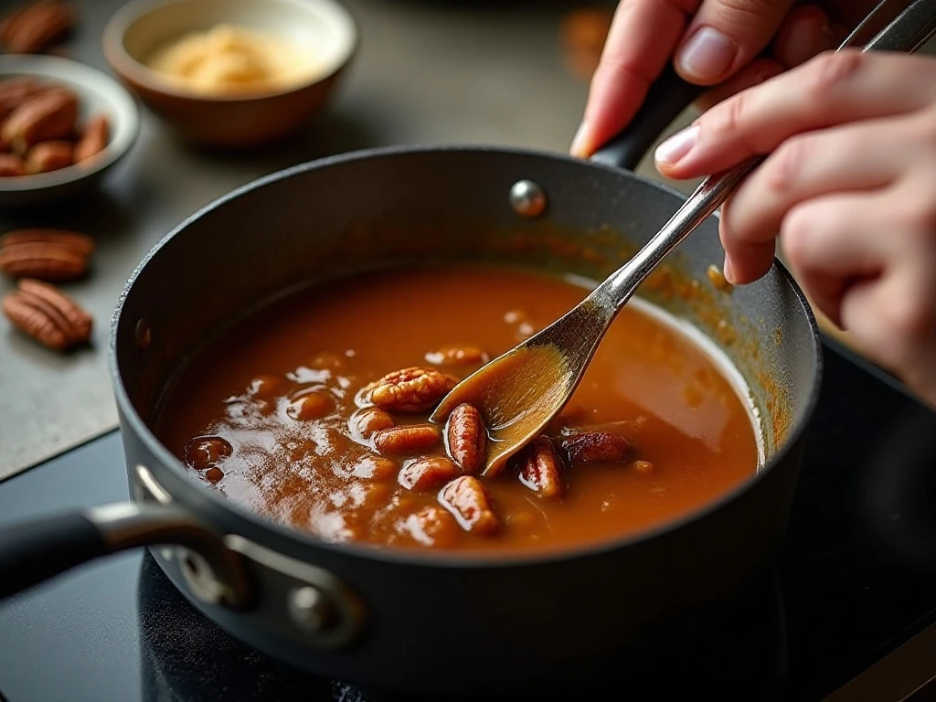 Cooking the pecan caramel topping for cheesecake
