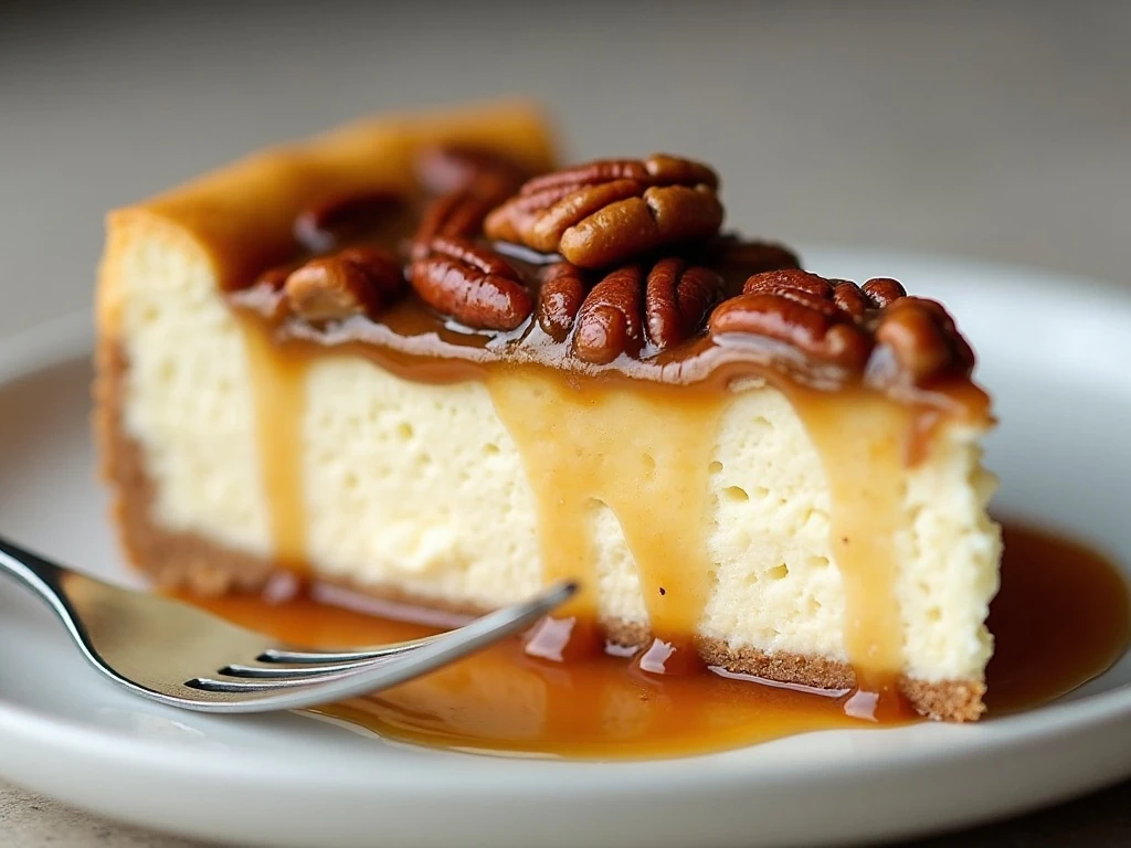 Close-up slice of pecan pie cheesecake with caramel pecan topping