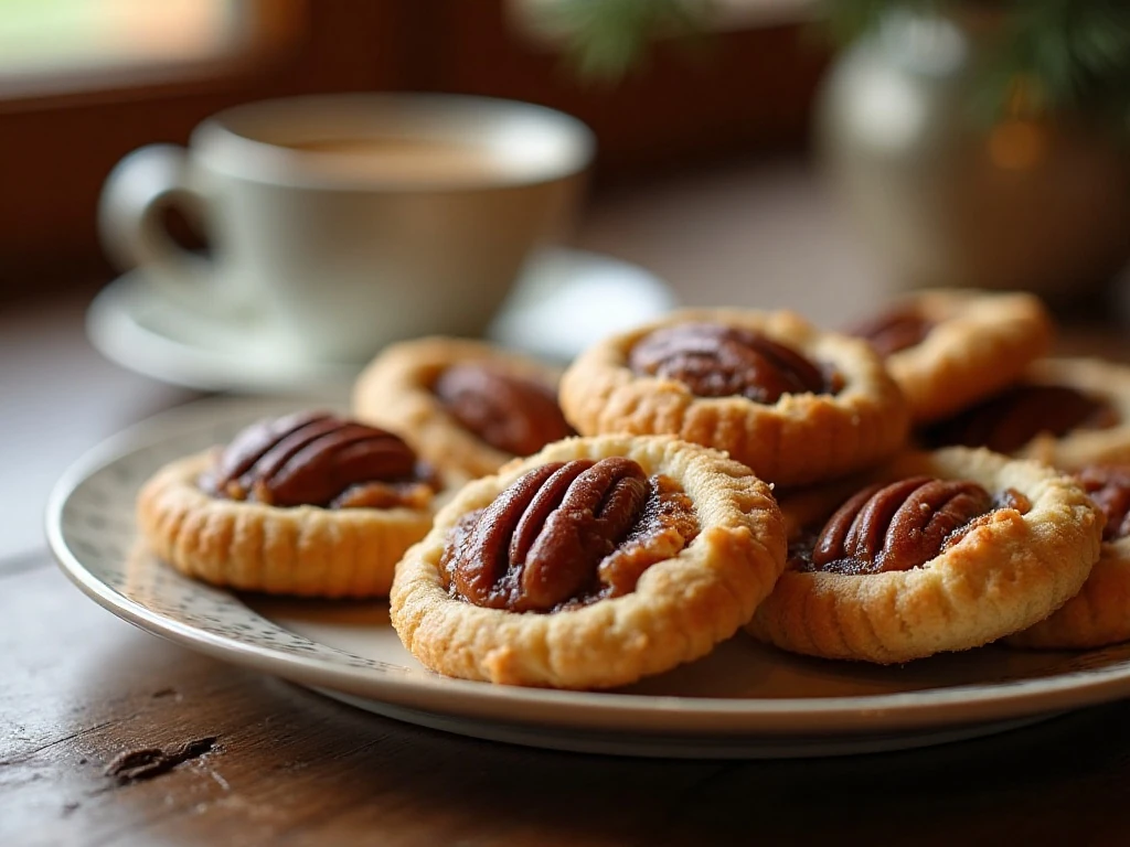 Plate of easy pecan pie cookies with flaky crust and rich pecan filling