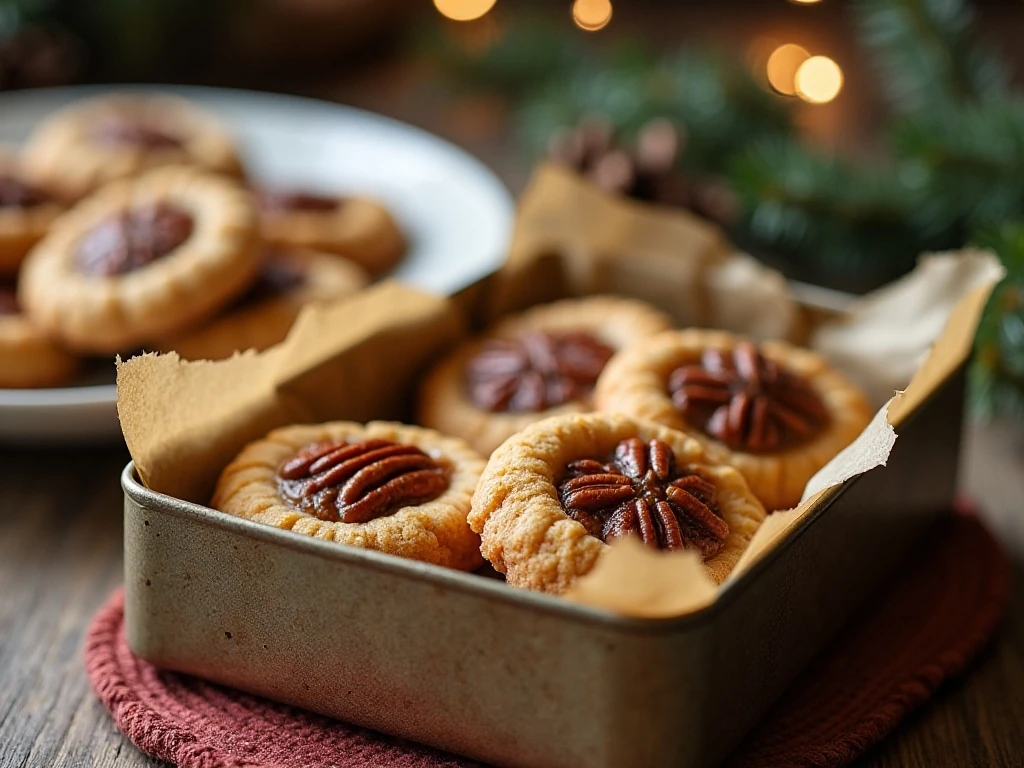 Cooled pecan pie cookies stored in a lined cookie tin