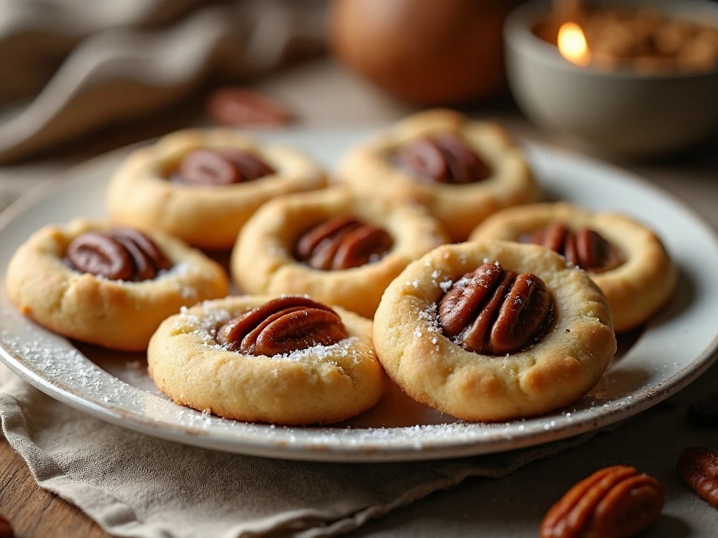 Plate of homemade pecan pie thumbprint cookies
