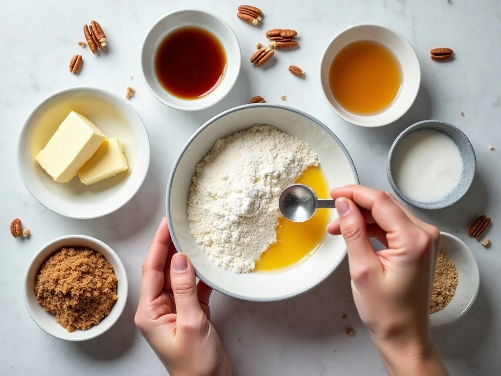 Ingredients for pecan pie thumbprint cookies