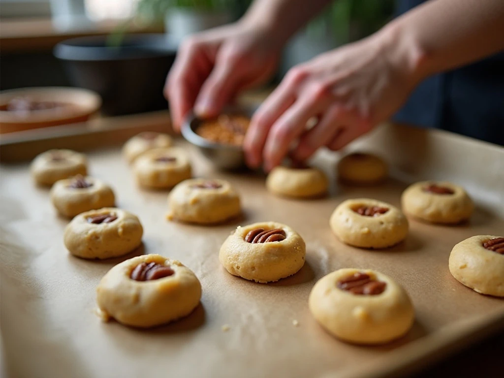 Preparing thumbprint wells and pecan filling for cookies