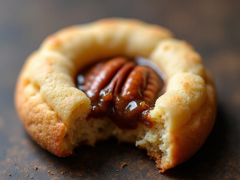 Close-up of the pecan filling in a thumbprint cookie