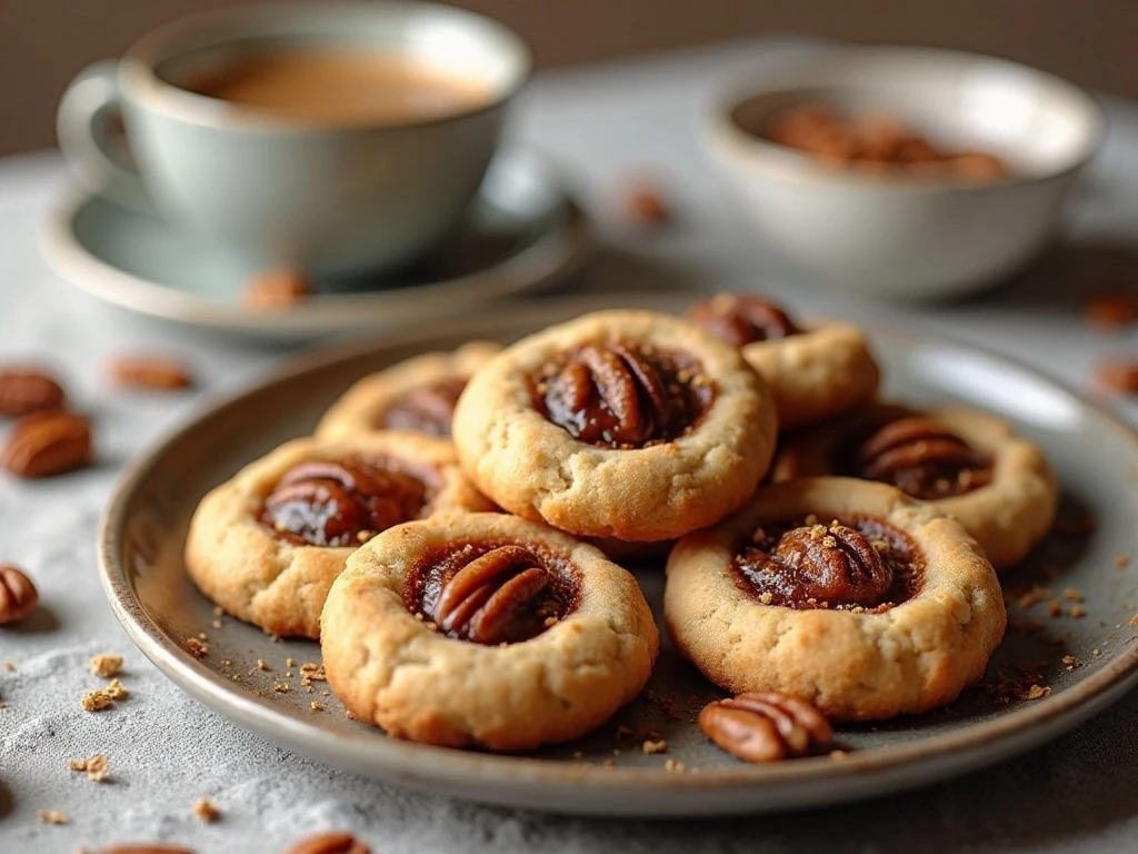 Pecan pie thumbprint cookies served on a dessert platter