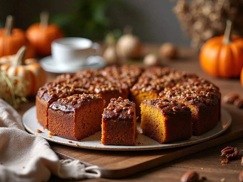 Pecan praline pumpkin cake cut into generous squares on an autumn dessert table