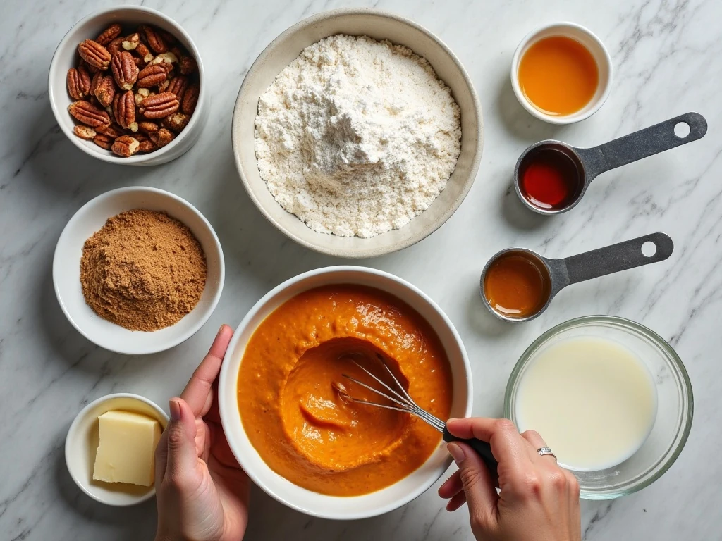 Ingredients for homemade pecan praline pumpkin cake