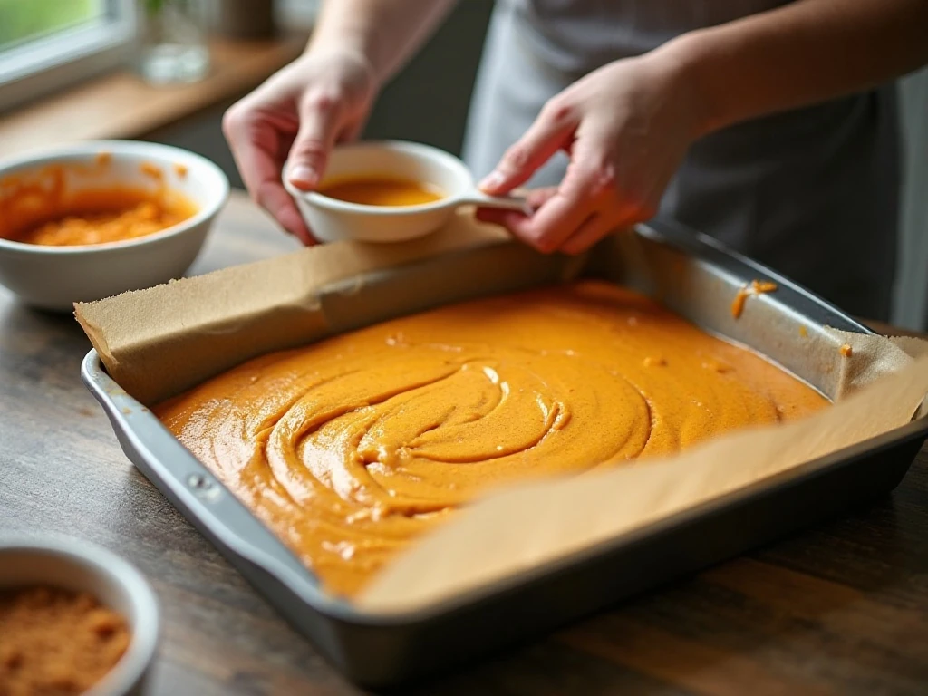 Pumpkin cake batter being spread in a 9 x 13-inch baking pan