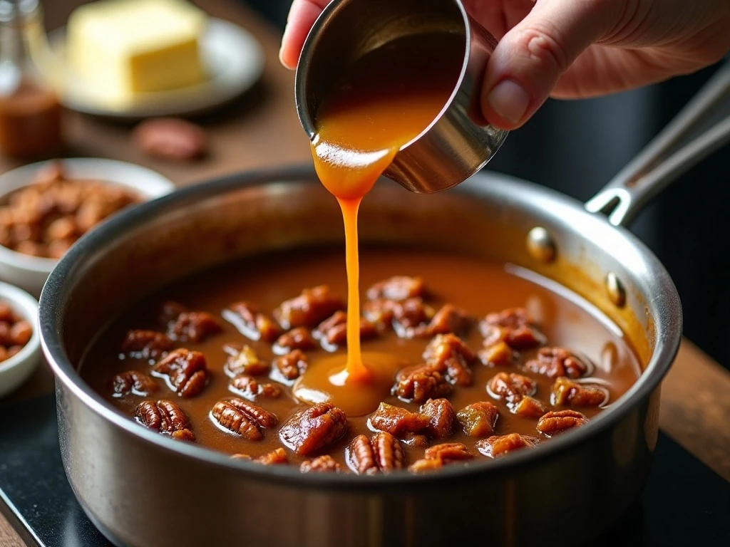 Brown sugar pecan praline topping simmering in a saucepan