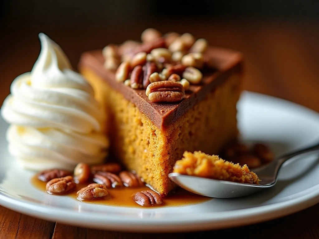 Pecan praline pumpkin cake served with vanilla ice cream