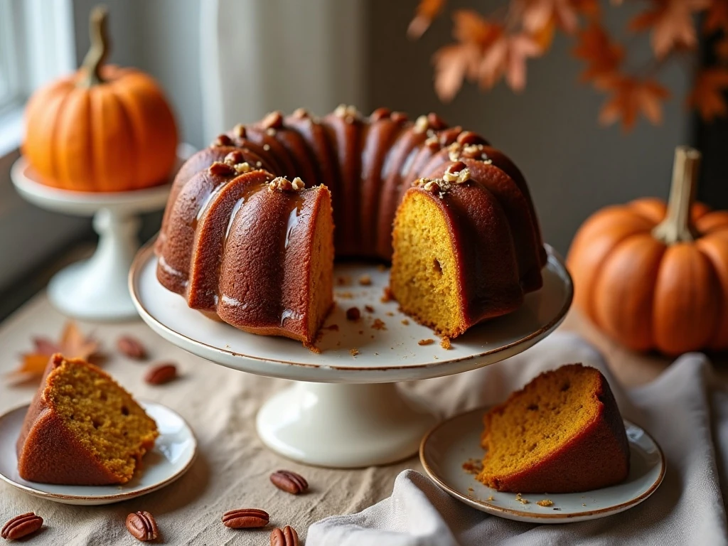 Pecan praline pumpkin Bundt cake displayed on a fall dessert table