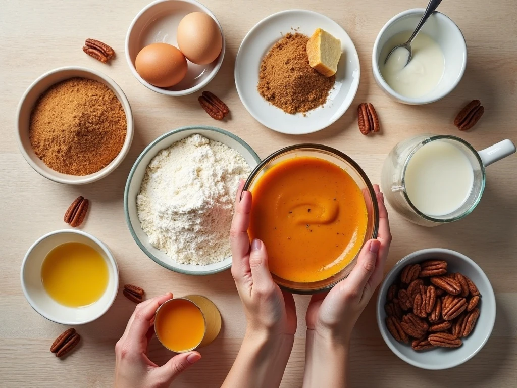 Ingredients for pecan praline pumpkin cake arranged for baking