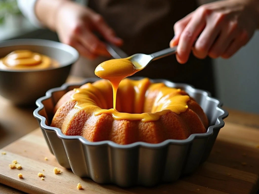 Pumpkin cake batter being added to a prepared Bundt pan
