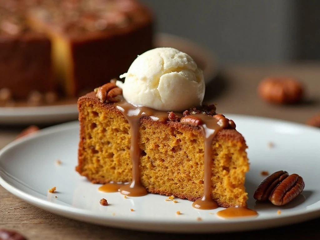 Slice of pumpkin praline cake served with vanilla ice cream