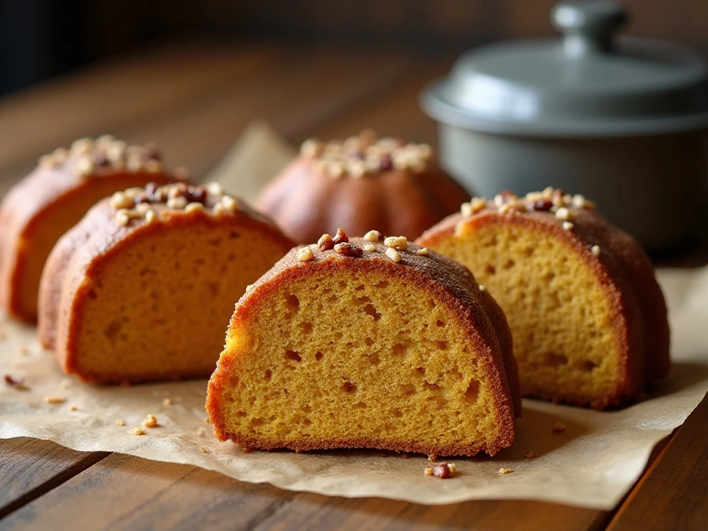 Stored slices of pecan praline pumpkin cake with glossy topping