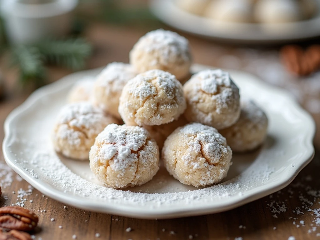 Plate of finished pecan snowball cookies covered in powdered sugar