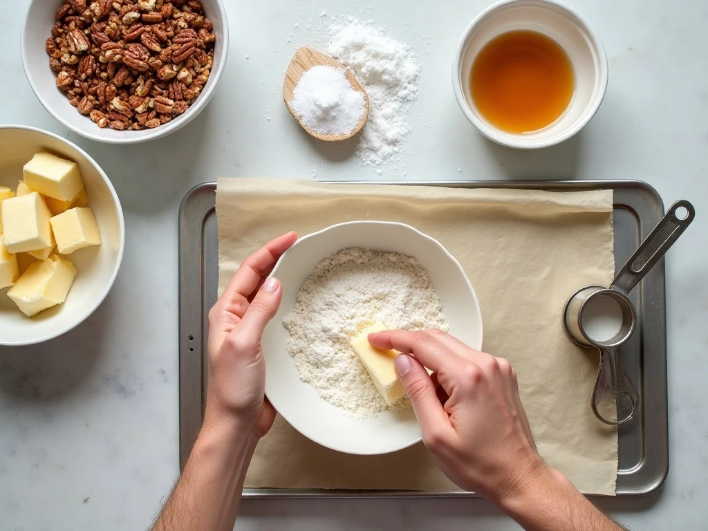 Ingredients for easy pecan snowball cookies arranged for baking