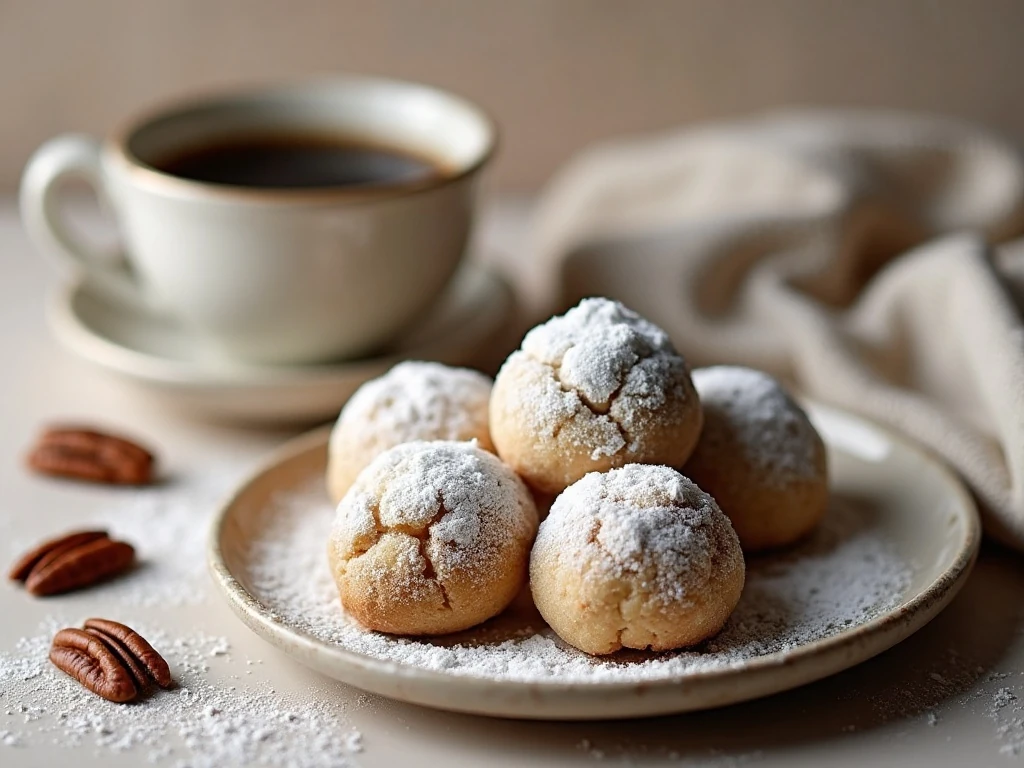 Pecan snowball cookies served with coffee