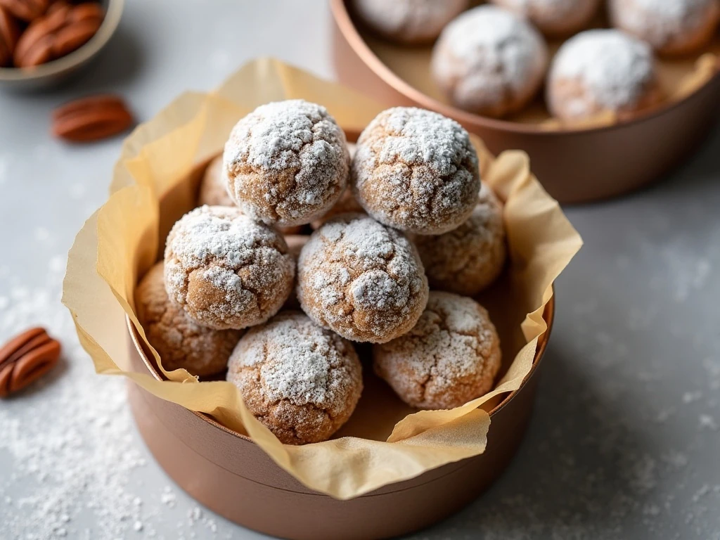 Pecan snowball cookies stored in a lined cookie tin