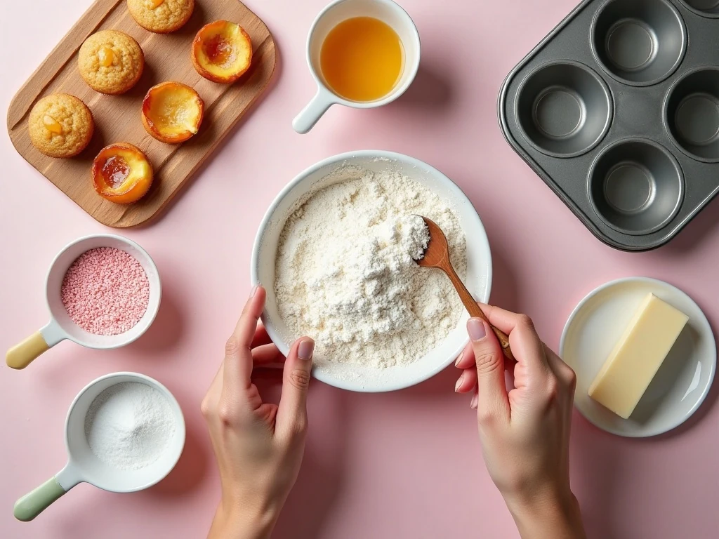 Ingredients for peach-flavored Pecha Poffins arranged for baking
