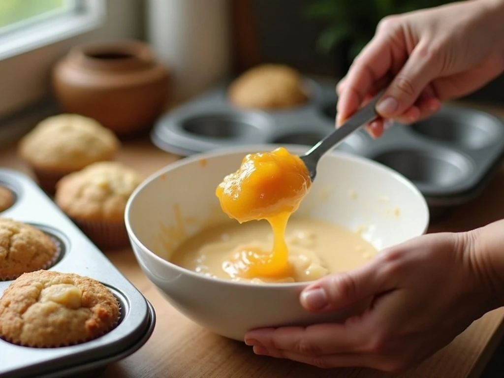 Peach batter being gently folded for homemade Pecha Poffins