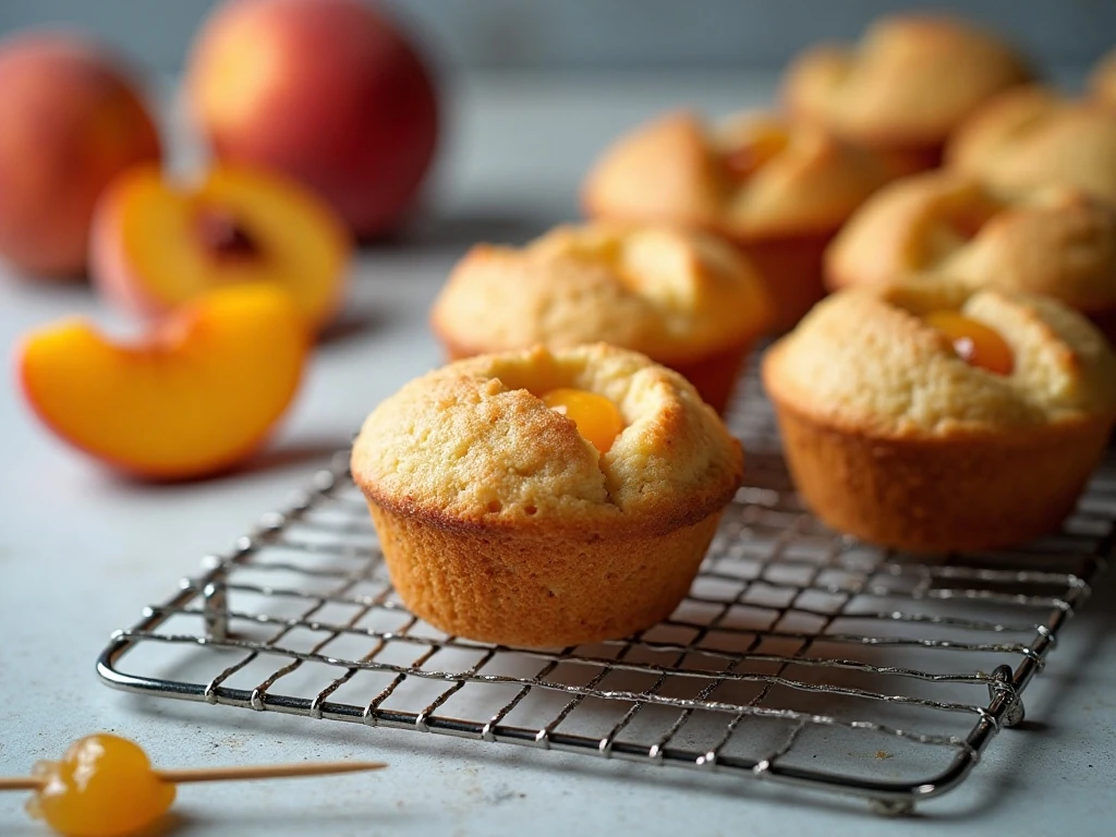Fresh peach poffins cooling on a wire rack after baking