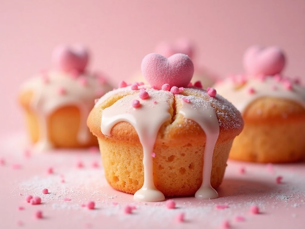 Close-up of pink glazed Pecha Poffin with heart candy decoration