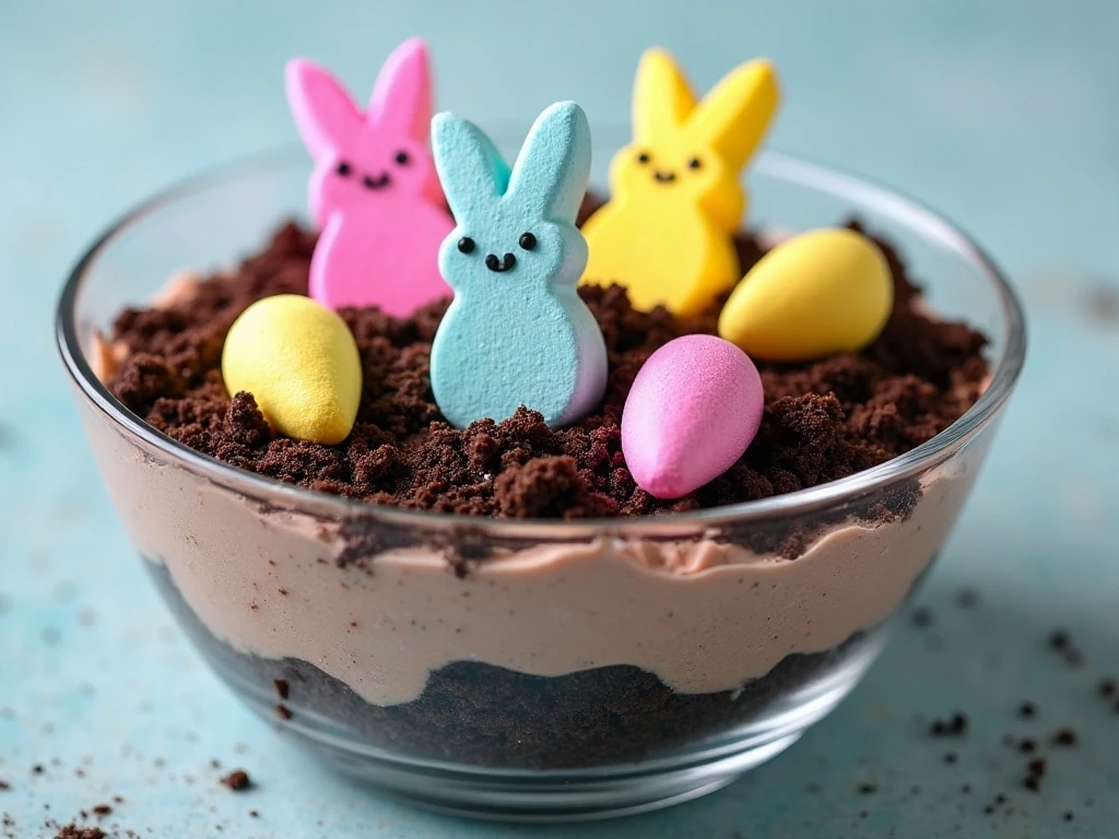 Colorful Peeps dirt cake layered with chocolate cookie crumbs and pudding